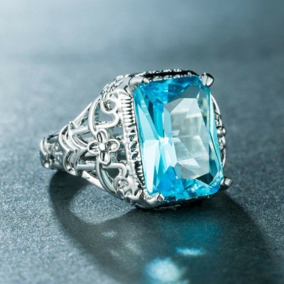 Jewelry - 925 Silver Princess Cut Aquamarine Size 7 New